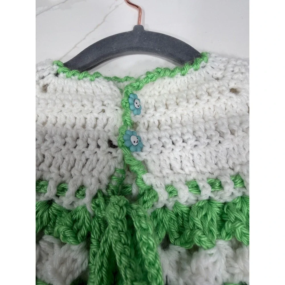 Handmade Crochet Baby Cardigan Green White Striped Flower Button Sweater Kids
